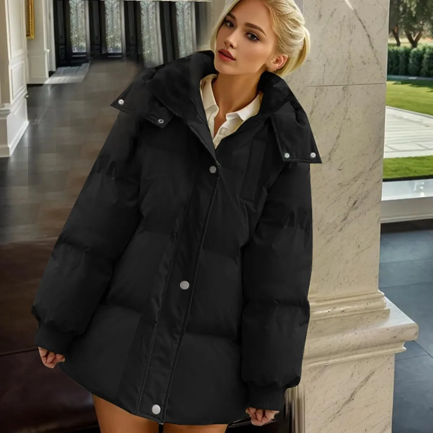 Women's Puffer Down Jacket Lightweight Quilted Jackets with Pockets Oversized Mid Length Thickened Hoodie Winter Coat