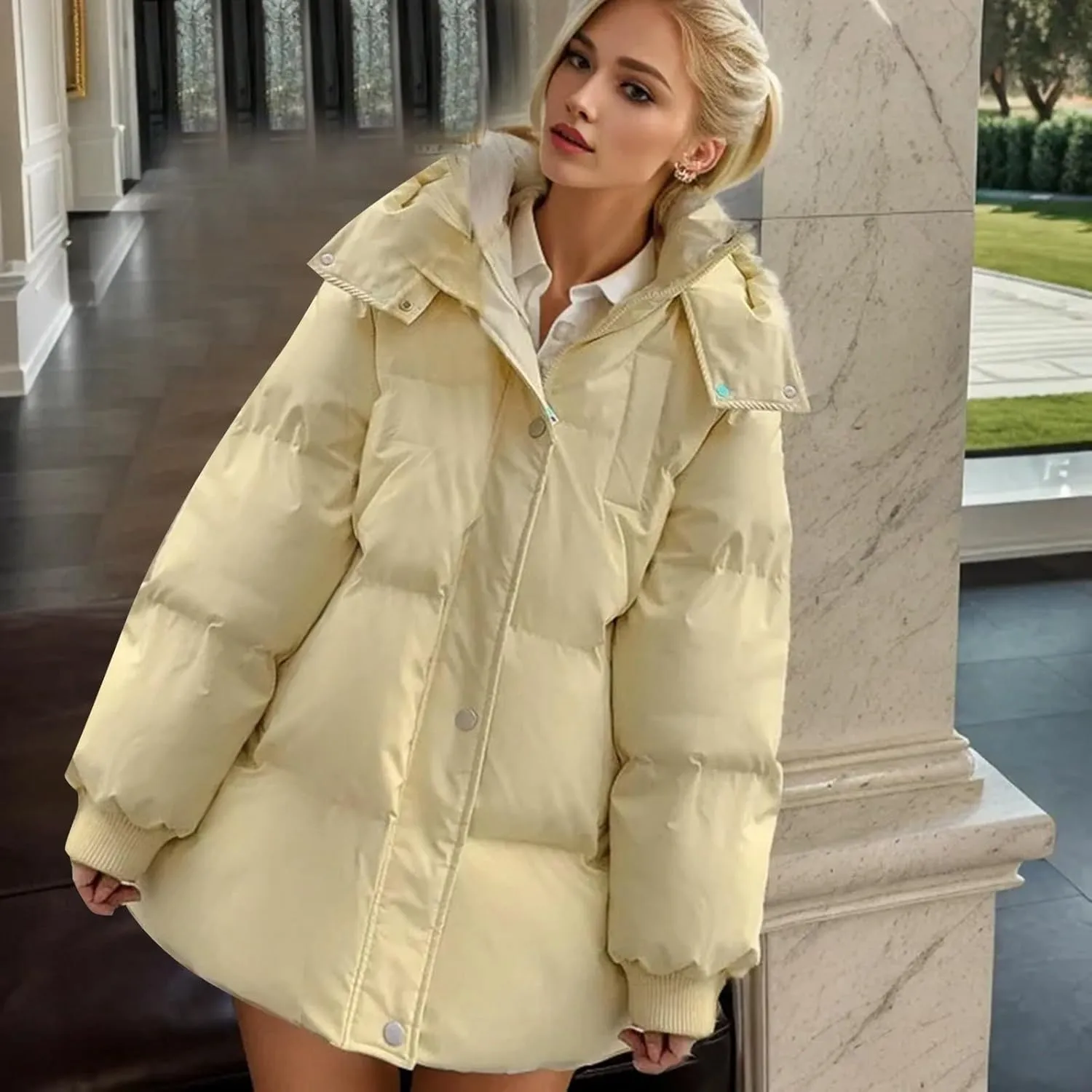 Women's Puffer Down Jacket Lightweight Quilted Jackets with Pockets Oversized Mid Length Thickened Hoodie Winter Coat