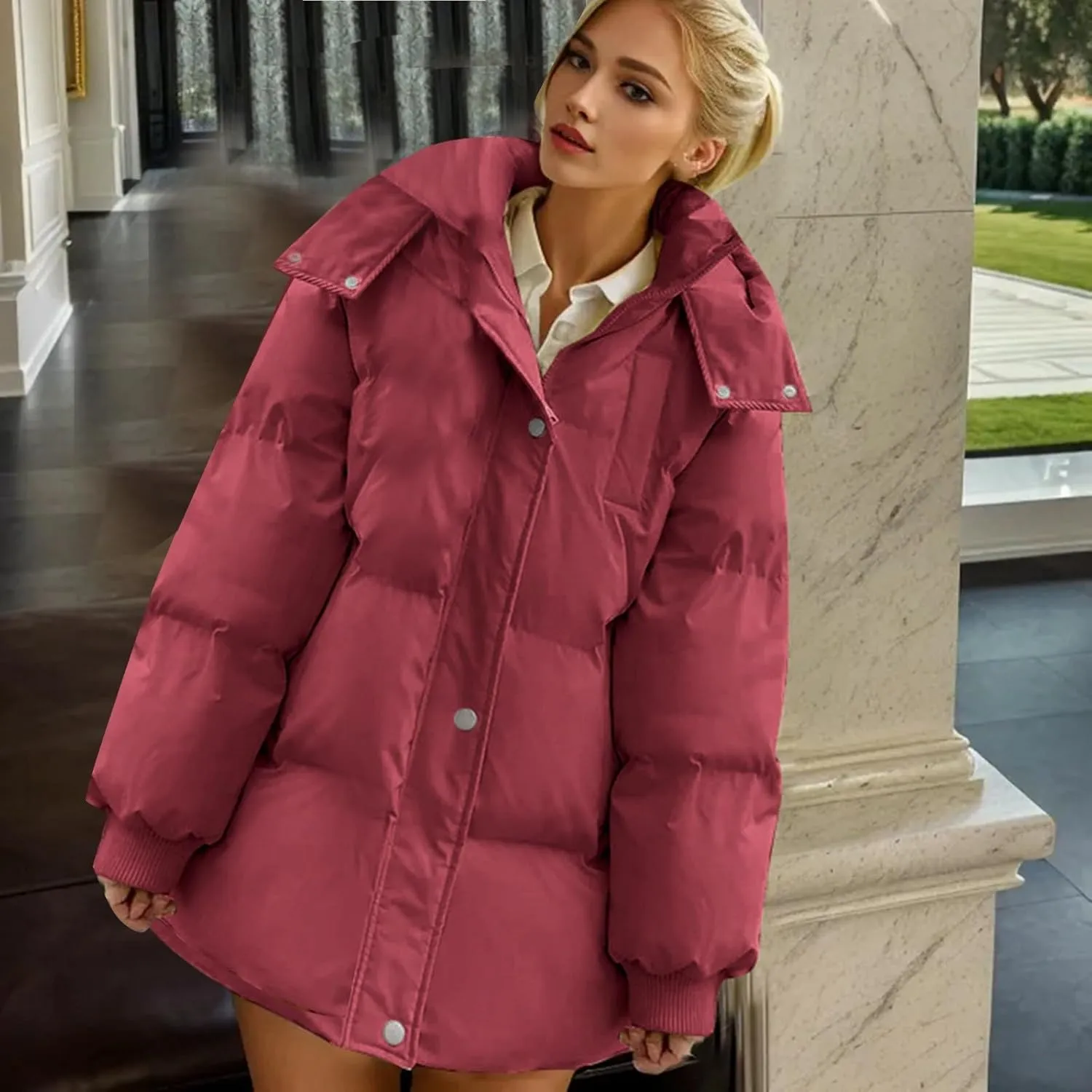 Women's Puffer Down Jacket Lightweight Quilted Jackets with Pockets Oversized Mid Length Thickened Hoodie Winter Coat