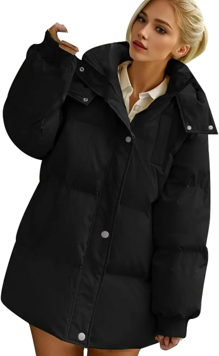 Women's Puffer Down Jacket Lightweight Quilted Jackets with Pockets Oversized Mid Length Thickened Hoodie Winter Coat