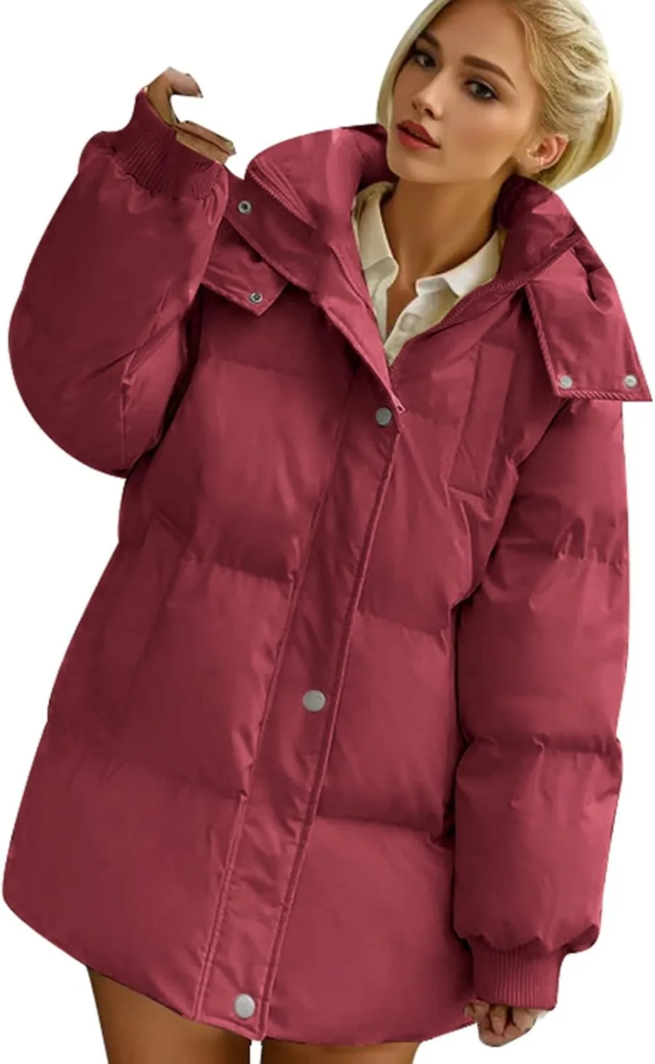 Women's Puffer Down Jacket Lightweight Quilted Jackets with Pockets Oversized Mid Length Thickened Hoodie Winter Coat