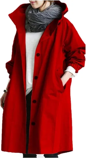 Women's Rain Jacket Button Waterproof Windbreaker Outdoor Trench Coat, S-5XL