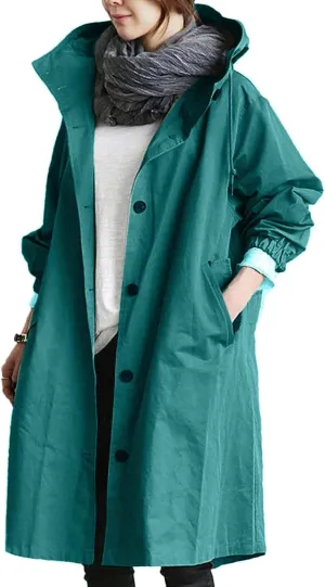 Women's Rain Jacket Button Waterproof Windbreaker Outdoor Trench Coat, S-5XL