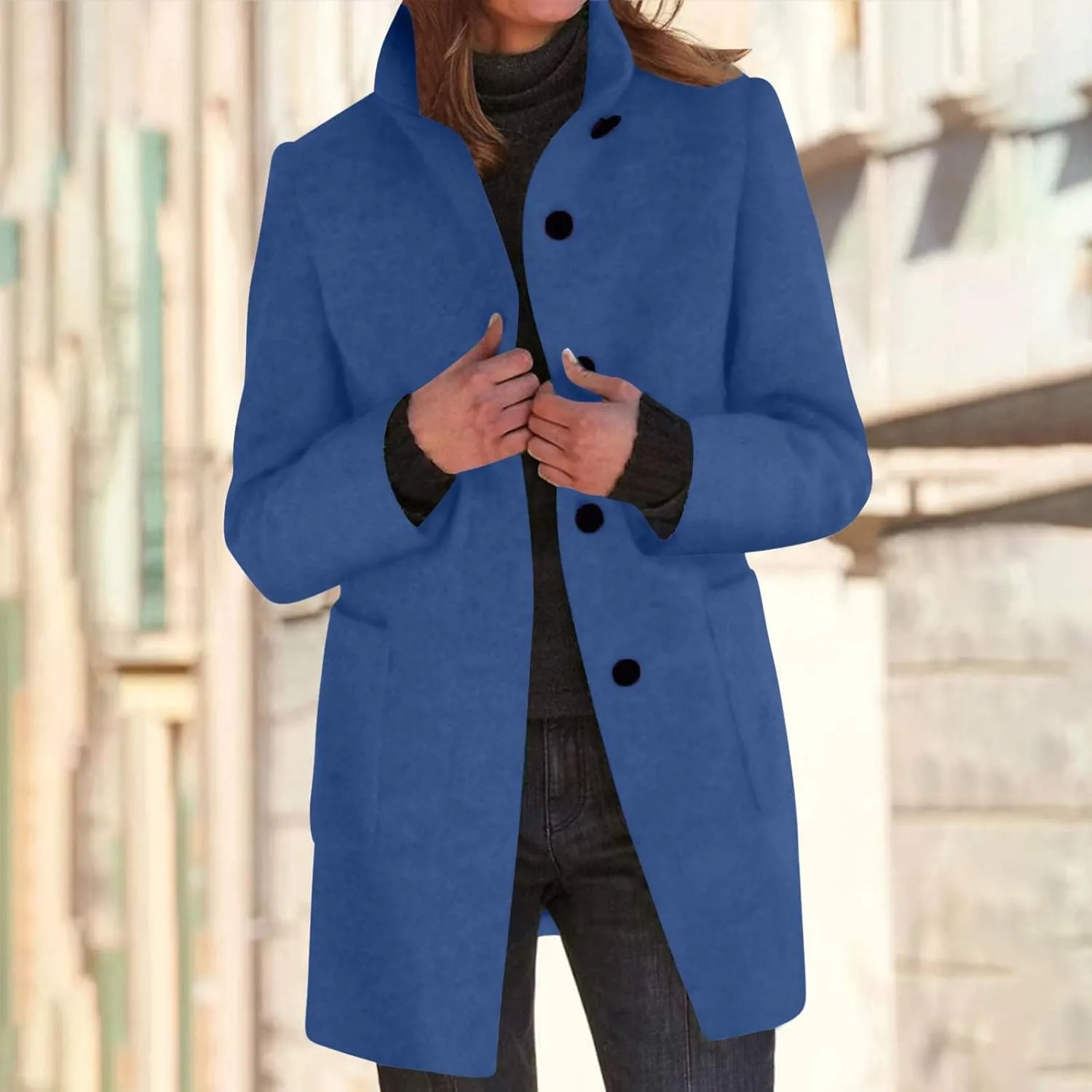 Womens Single-Breasted Wool Coats Casual Lapel Collared Oversized Trench Coat Soft Warm Winter Pea Coat Outwear