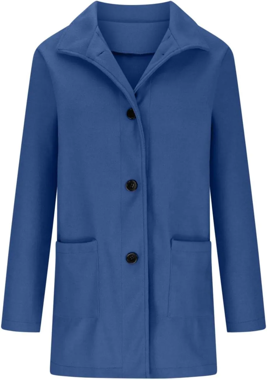 Womens Single-Breasted Wool Coats Casual Lapel Collared Oversized Trench Coat Soft Warm Winter Pea Coat Outwear