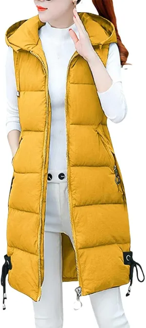 Women's Sleeveless Long Jacket 2023 Fashion Simple Solid Color Puffer Hooded Vest Winter Full-Zipper Packable Down Jackets