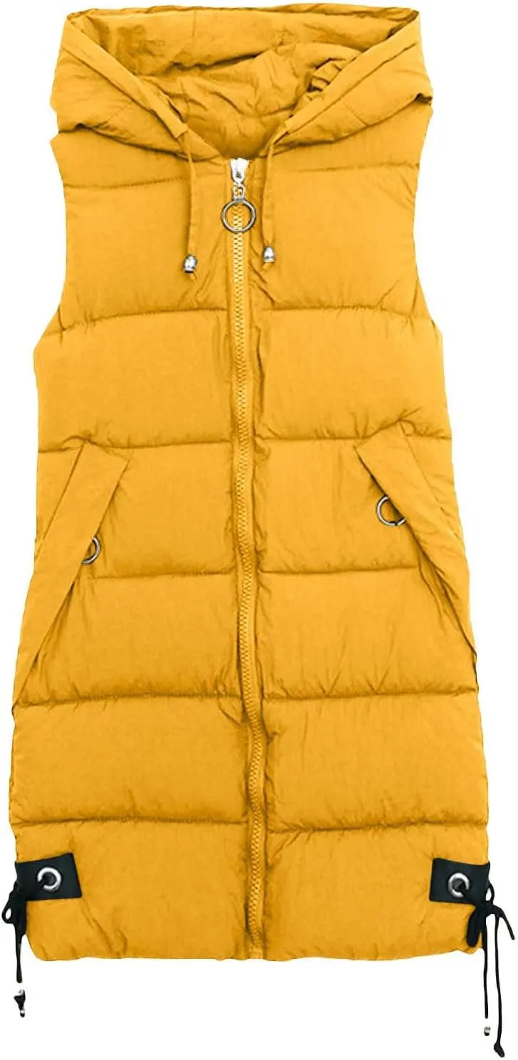 Women's Sleeveless Long Jacket 2023 Fashion Simple Solid Color Puffer Hooded Vest Winter Full-Zipper Packable Down Jackets