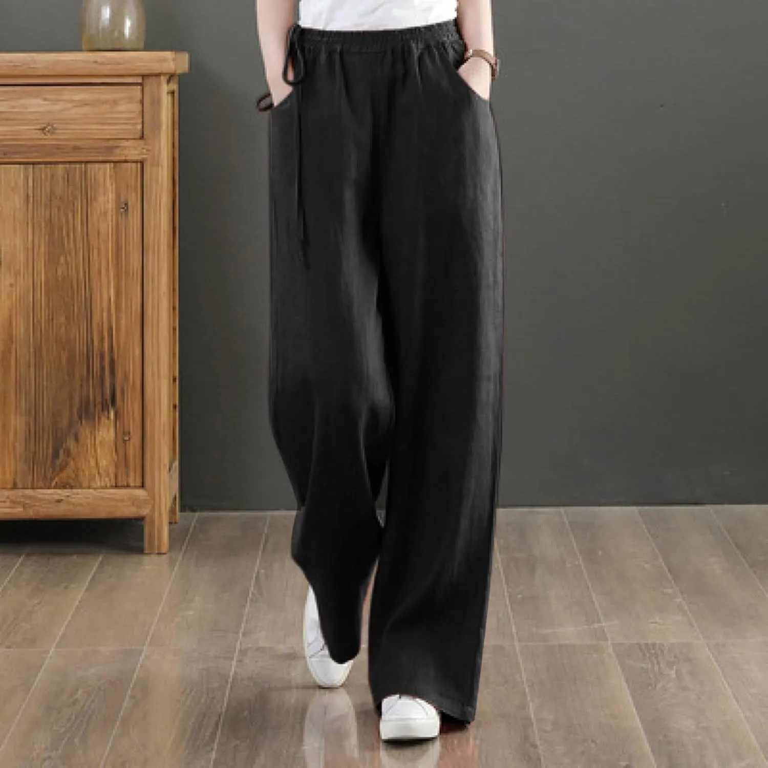 Womens Straight Leg Pull On Pants Cotton Linen Trousers Pants Slacks Casual Comfy Casual Pants Summer Long Pants