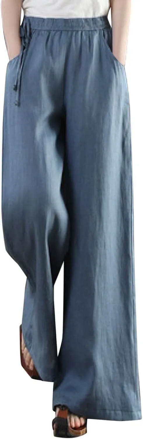 Womens Straight Leg Pull On Pants Cotton Linen Trousers Pants Slacks Casual Comfy Casual Pants Summer Long Pants