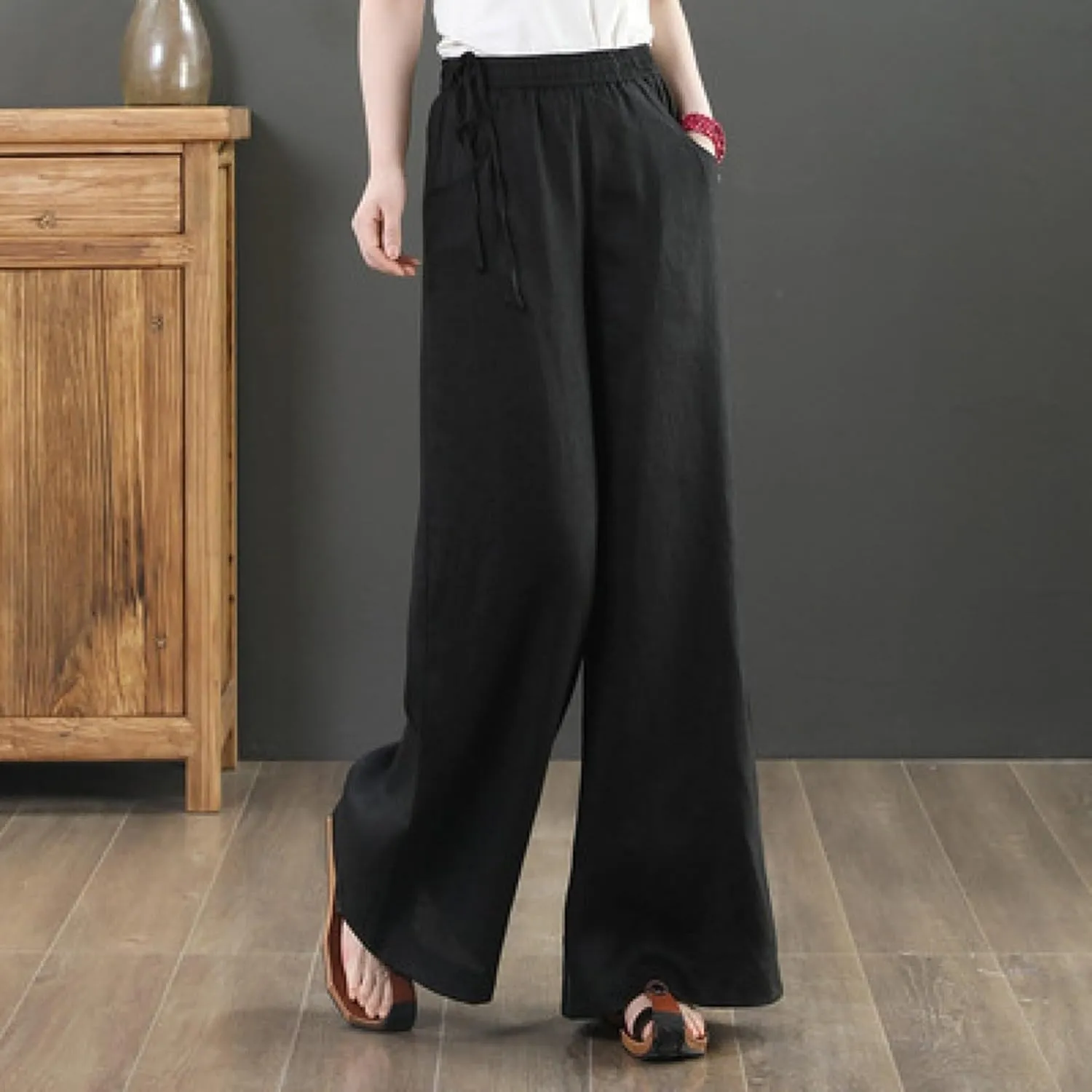 Womens Straight Leg Pull On Pants Cotton Linen Trousers Pants Slacks Casual Comfy Casual Pants Summer Long Pants