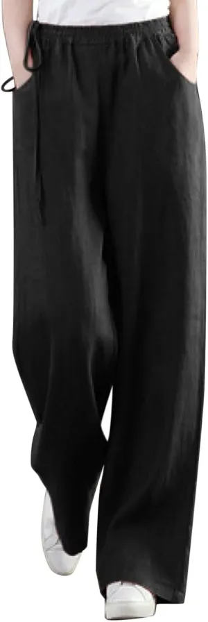 Womens Straight Leg Pull On Pants Cotton Linen Trousers Pants Slacks Casual Comfy Casual Pants Summer Long Pants