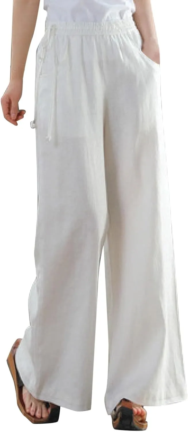 Womens Straight Leg Pull On Pants Cotton Linen Trousers Pants Slacks Casual Comfy Casual Pants Summer Long Pants