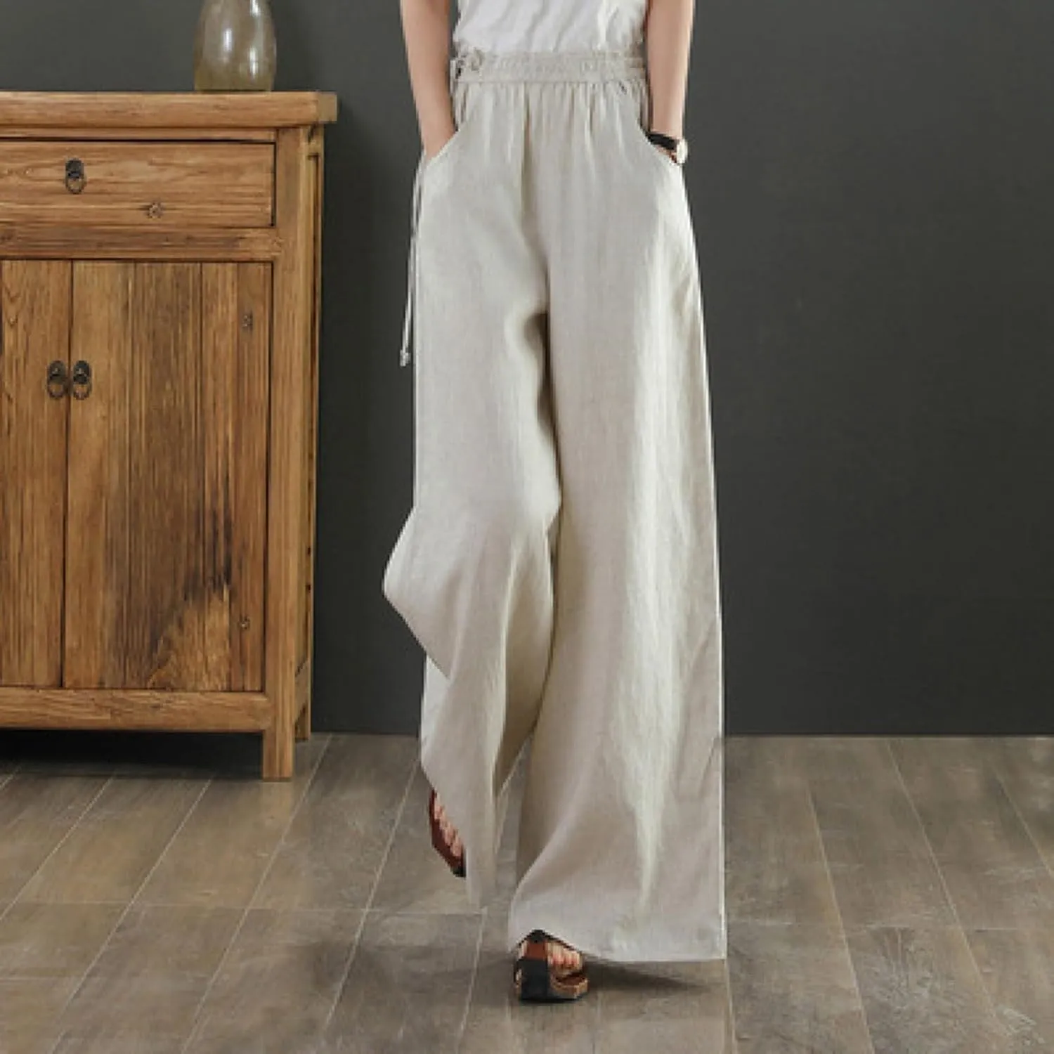 Womens Straight Leg Pull On Pants Cotton Linen Trousers Pants Slacks Casual Comfy Casual Pants Summer Long Pants