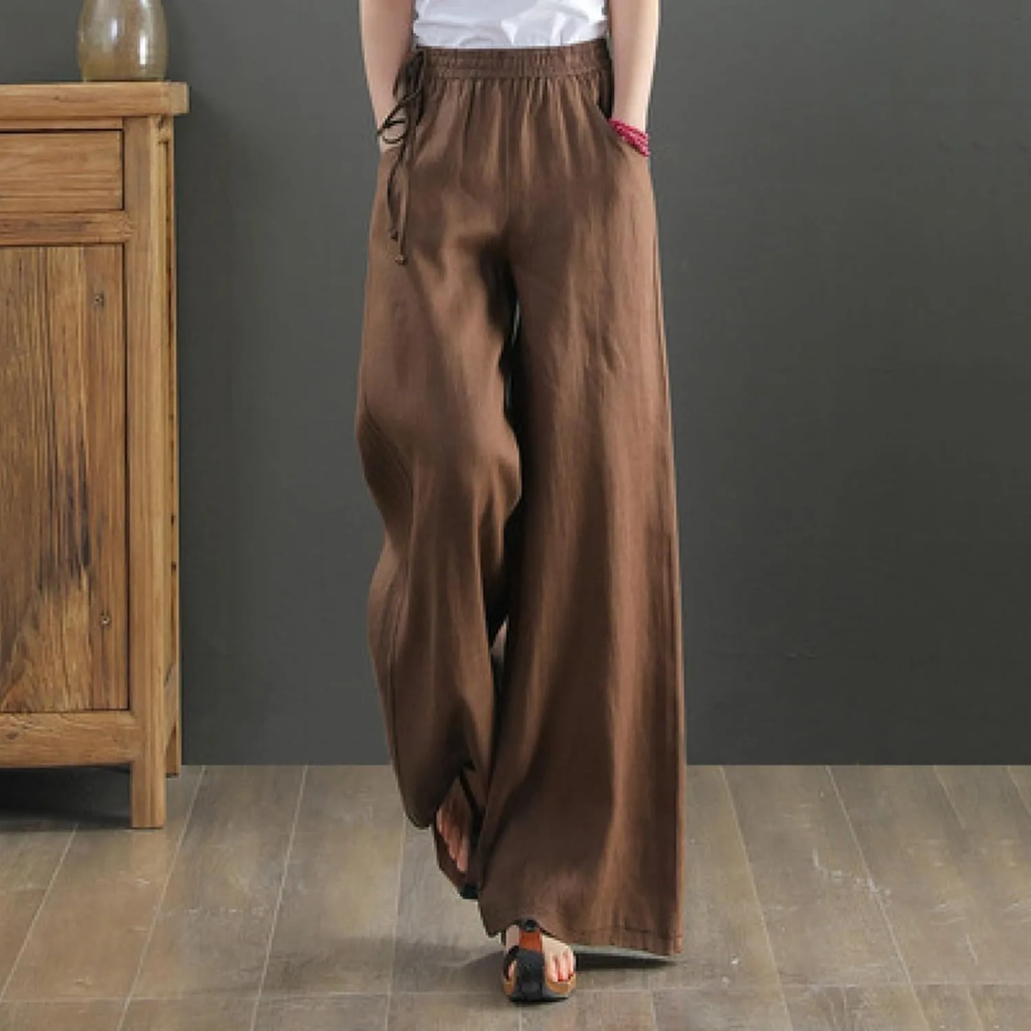 Womens Straight Leg Pull On Pants Cotton Linen Trousers Pants Slacks Casual Comfy Casual Pants Summer Long Pants