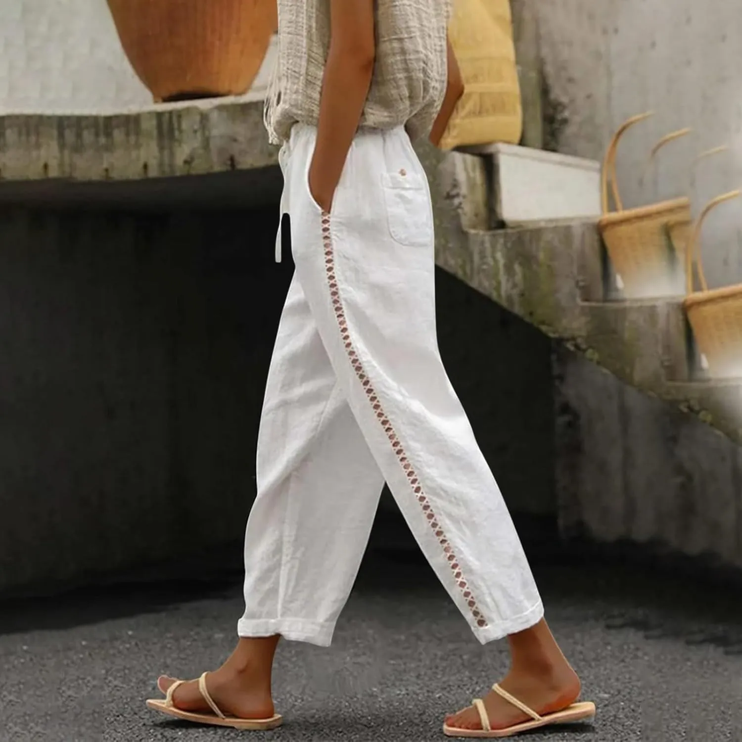 Women's Summer Casual Linen Pants Linen Elastic Seven Pants Beach Casual Pants Linen Petite Linen Pants for Women