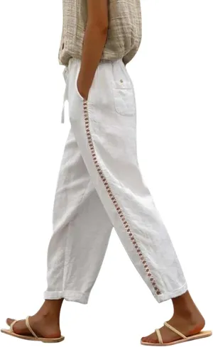 Women's Summer Casual Linen Pants Linen Elastic Seven Pants Beach Casual Pants Linen Petite Linen Pants for Women