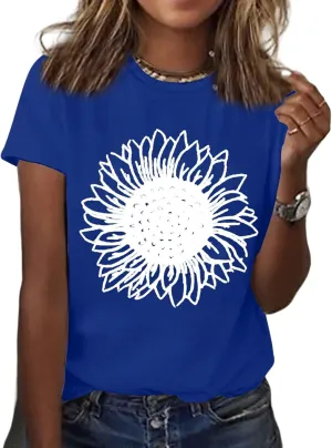 Womens Sunflower T Shirt Summer Novelty Cute Flower Graphic Loose Fit Tees Classic Crew Neck Short Sleeve Casual Tops