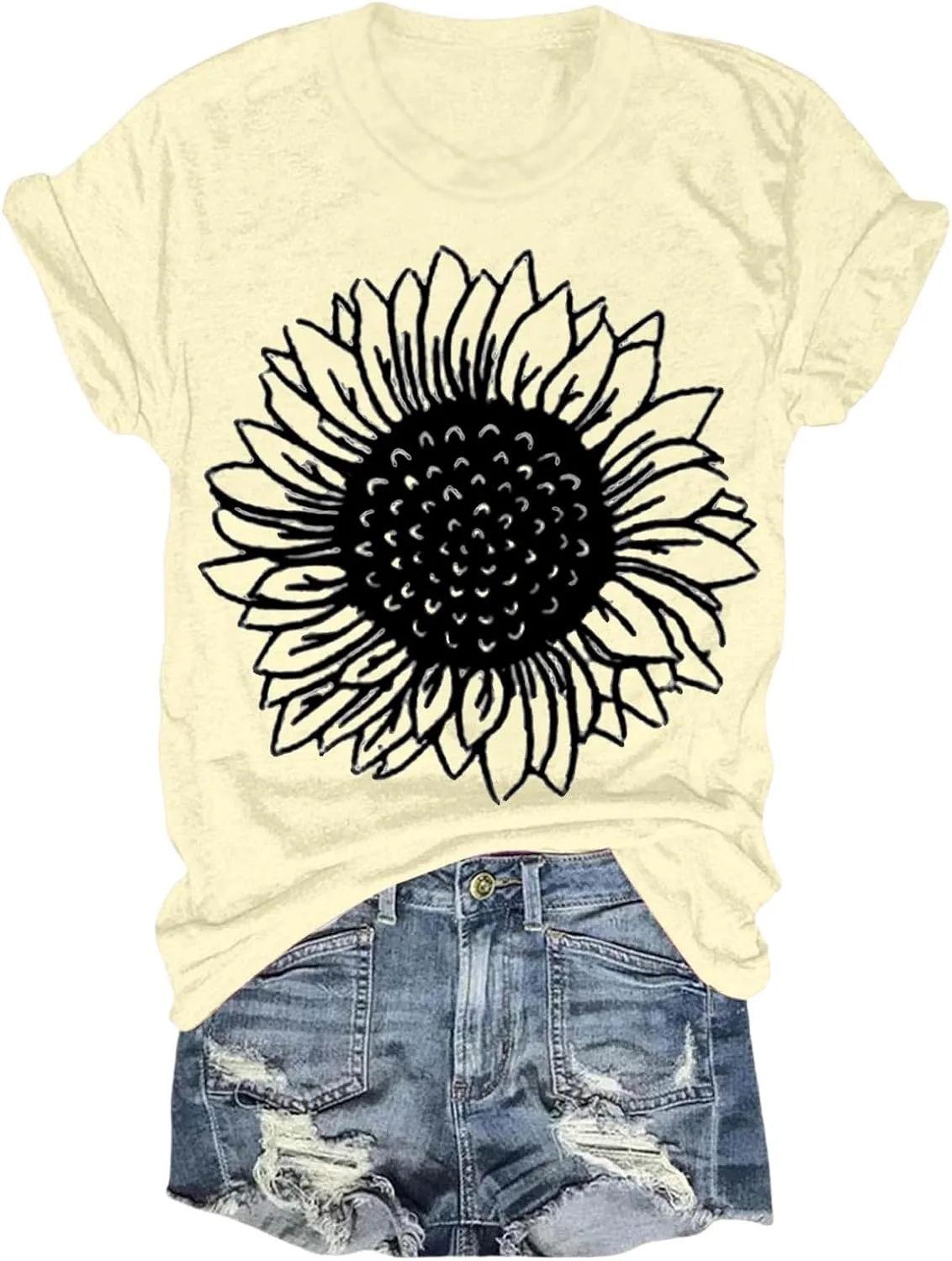 Womens Sunflower T Shirt Summer Novelty Cute Flower Graphic Loose Fit Tees Classic Crew Neck Short Sleeve Casual Tops