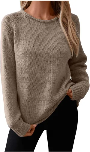 Women's Sweaters Dressy Casual Solid Color Rolled Sleeve Pullover Sweater Autumn Winter Loose Fit Casual