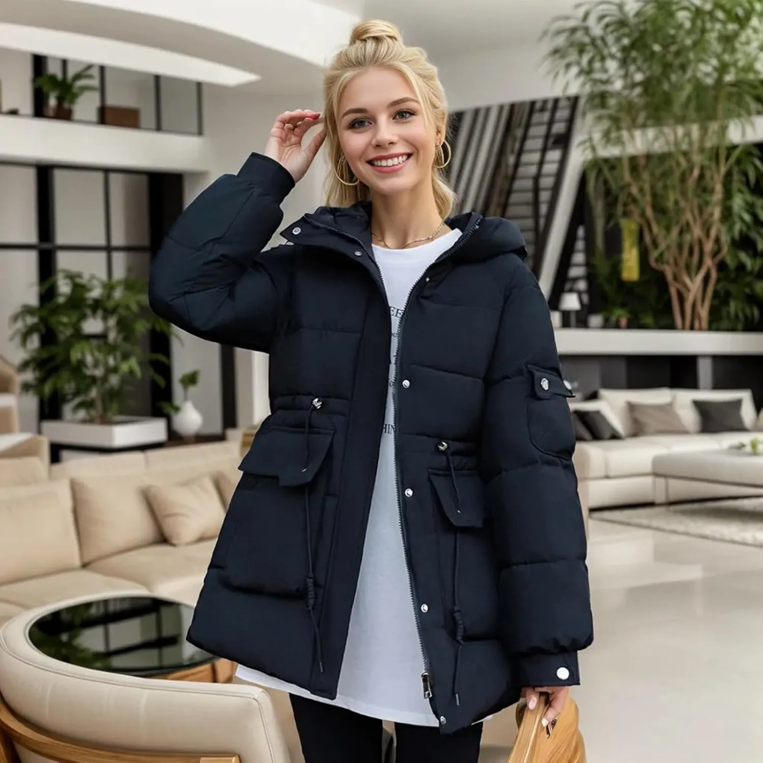 Women's Thickened Down Jackets Winter Hooded Mid-Length Puffy Packable Warm Jackets Puffer Down Coat Christmas Gifts
