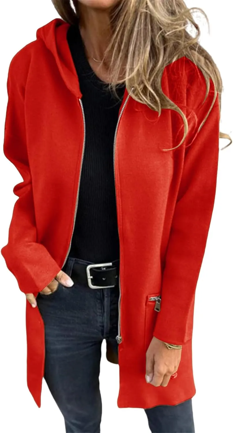 Womens Trench Coat Full Zipper Hooded Jacket Casual Long Sleeve Jacket Winter Trendy Coat Lightweight Pea Coat