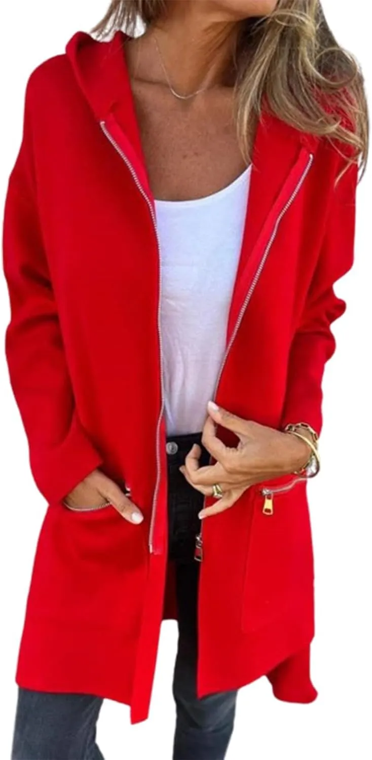 Womens Trench Coat Full Zipper Hooded Jacket Casual Long Sleeve Jacket Winter Trendy Coat Lightweight Pea Coat