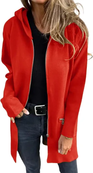 Womens Trench Coat Full Zipper Hooded Jacket Casual Long Sleeve Jacket Winter Trendy Coat Lightweight Pea Coat