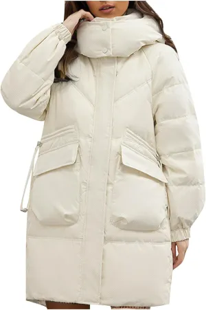 Women's Warm Winter Cotton Padded Down Coat Quilted Thicken Puffer Jacket Zipper Pockets Outwear with Removable Hood