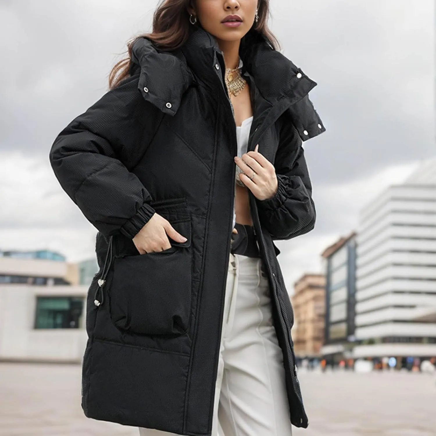 Women's Warm Winter Cotton Padded Down Coat Quilted Thicken Puffer Jacket Zipper Pockets Outwear with Removable Hood
