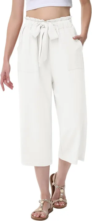 Women's Wide Leg Pants Capris Pants High Waist Casual Lounge Pants Adjustable Tie Business Casual Pants