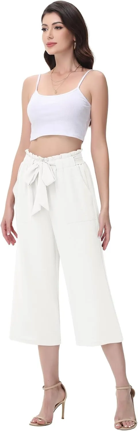 Women's Wide Leg Pants Capris Pants High Waist Casual Lounge Pants Adjustable Tie Business Casual Pants