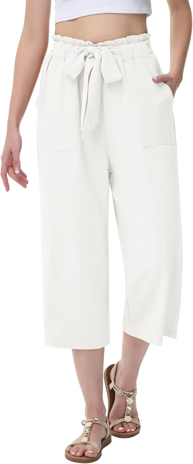 Women's Wide Leg Pants Capris Pants High Waist Casual Lounge Pants Adjustable Tie Business Casual Pants