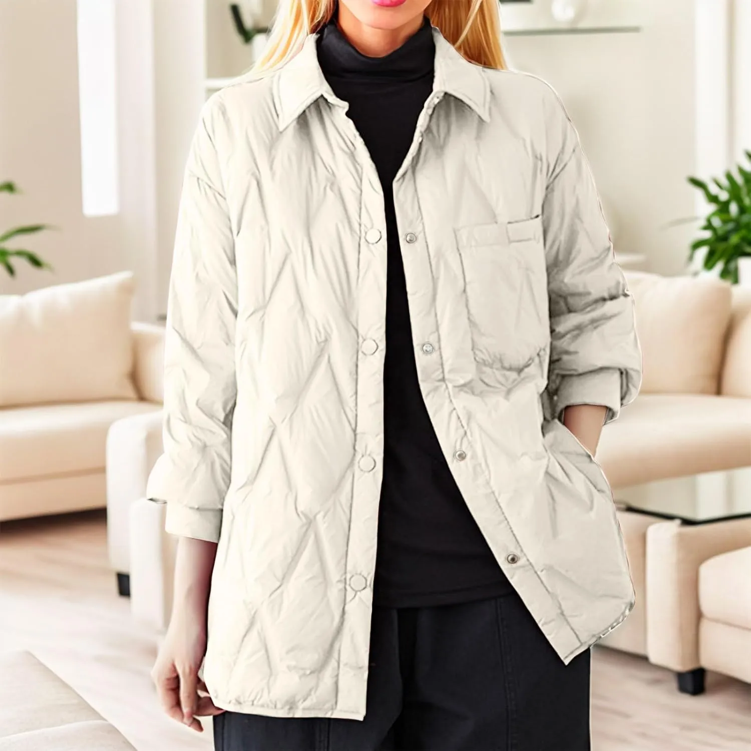 Women's Winter Casual Quilted Jackets Lightweight Button Puffer Jacket Outerwear Casual Down Winter Coat with Pockets