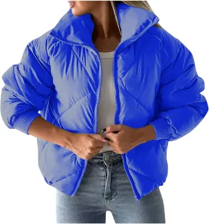 Womens Winter Cropped Puffer Jacket Oversized Long Sleeve Full Zip Puffy Coat Warm Quilted Jacket with Pockets