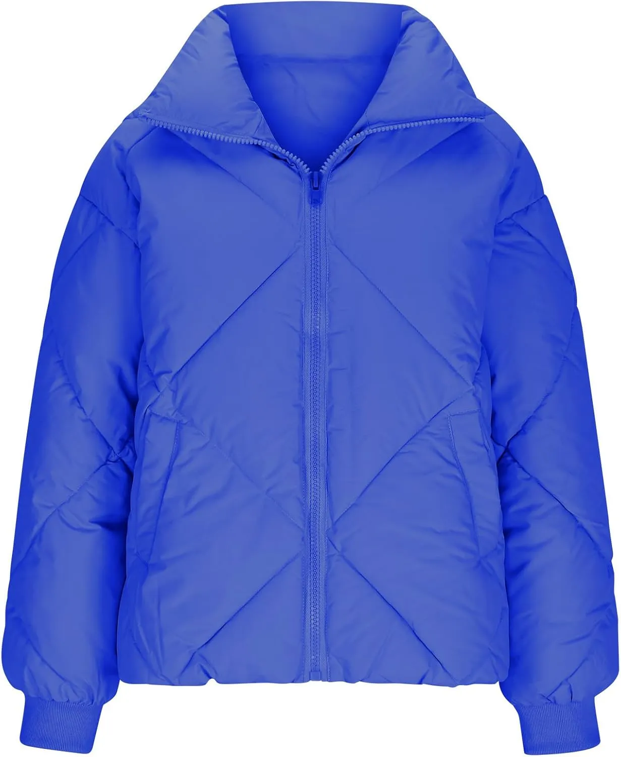 Womens Winter Cropped Puffer Jacket Oversized Long Sleeve Full Zip Puffy Coat Warm Quilted Jacket with Pockets