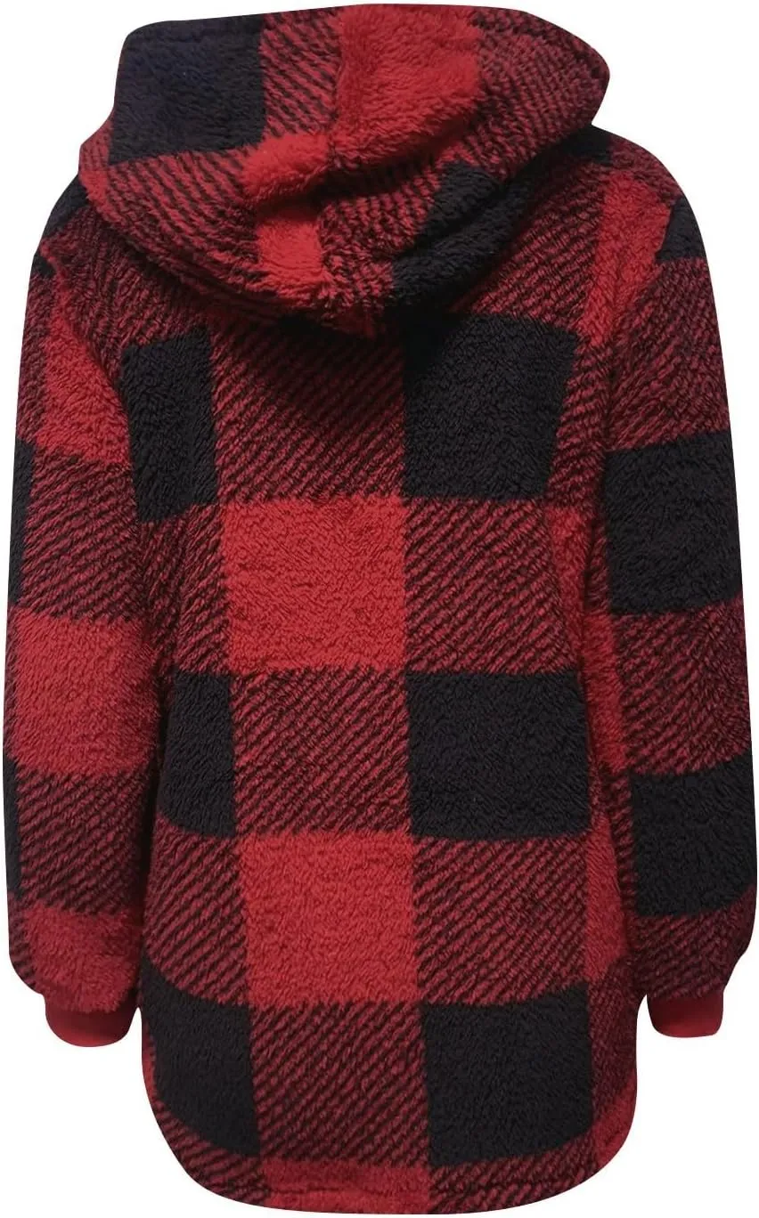 Womens Winter Jackets Plus Size Zip Up Soft Plush Hoodies Sherpa Cardigan Plaid Packable Coats With Pockets Clothes