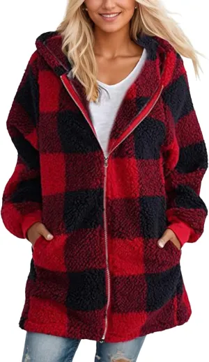 Womens Winter Jackets Plus Size Zip Up Soft Plush Hoodies Sherpa Cardigan Plaid Packable Coats With Pockets Clothes