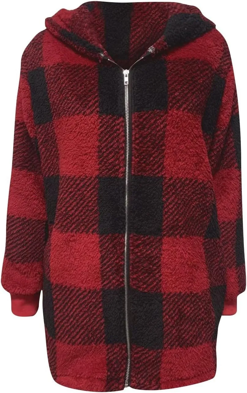 Womens Winter Jackets Plus Size Zip Up Soft Plush Hoodies Sherpa Cardigan Plaid Packable Coats With Pockets Clothes