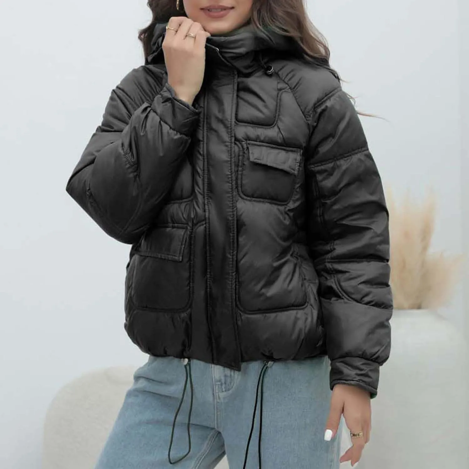 Women's Winter Puffer Coat Short Cotton Padded Down Jacket Zipper Quilted Thicken Hooded Bread Outerwear with Pockets
