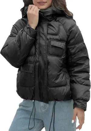 Women's Winter Puffer Coat Short Cotton Padded Down Jacket Zipper Quilted Thicken Hooded Bread Outerwear with Pockets