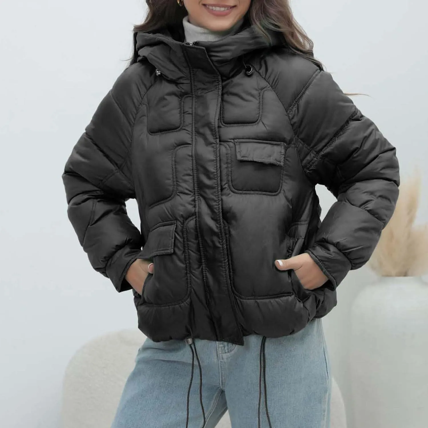 Women's Winter Puffer Coat Short Cotton Padded Down Jacket Zipper Quilted Thicken Hooded Bread Outerwear with Pockets