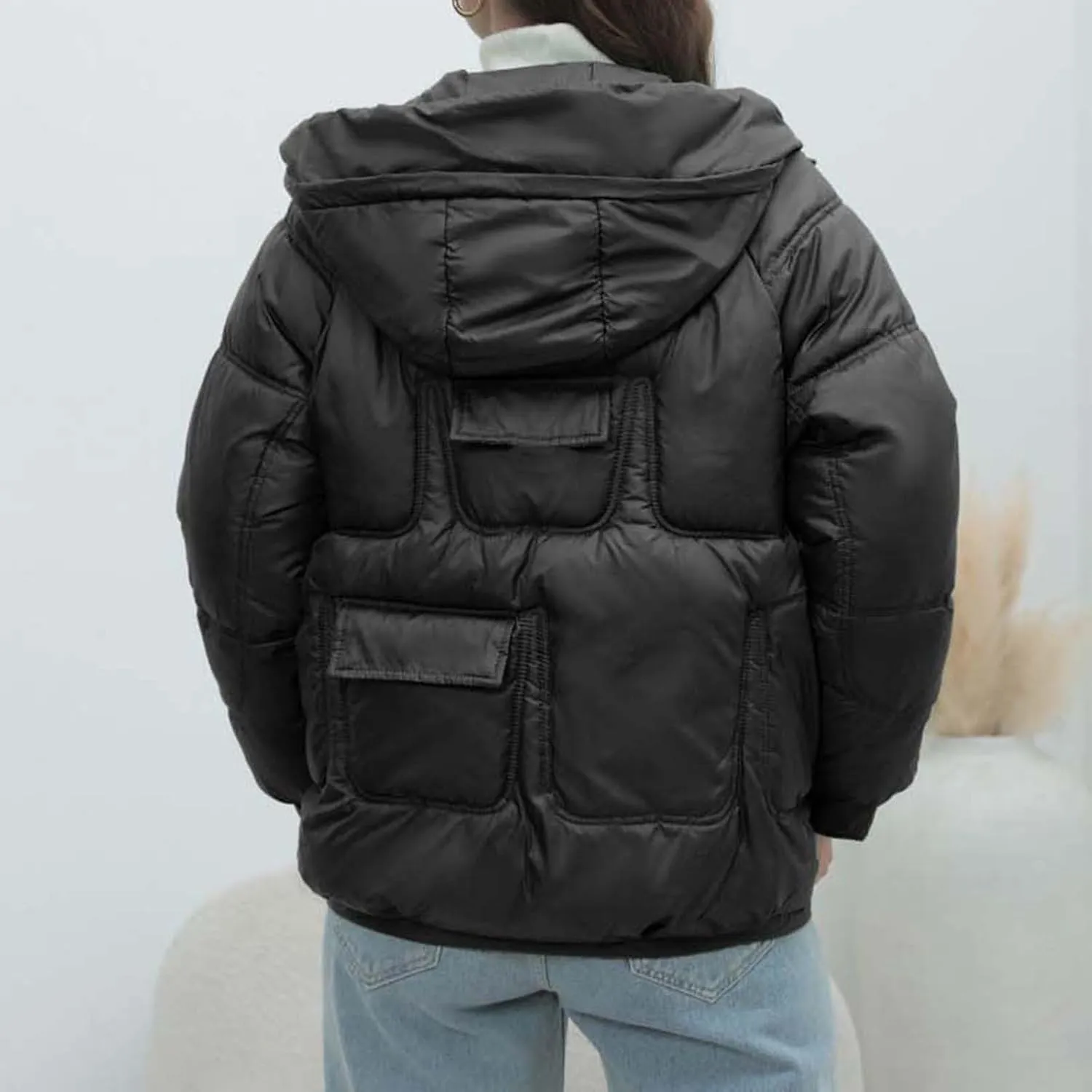 Women's Winter Puffer Coat Short Cotton Padded Down Jacket Zipper Quilted Thicken Hooded Bread Outerwear with Pockets