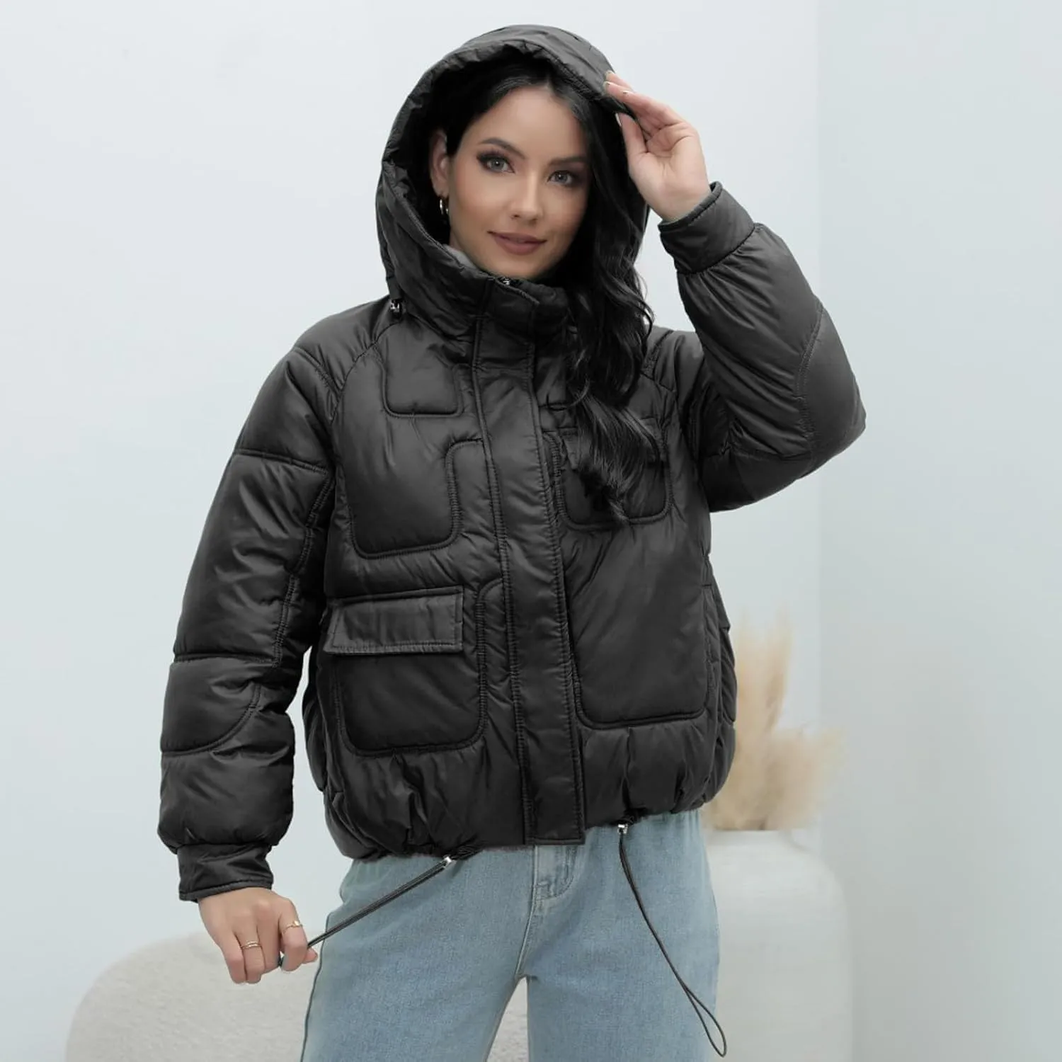 Women's Winter Puffer Coat Short Cotton Padded Down Jacket Zipper Quilted Thicken Hooded Bread Outerwear with Pockets