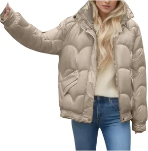 Women's Winter Stand Collar Coat Puffer Jacket Baggy Short Padded Down Coats Long Sleeve Full Zip Quilted Jackets