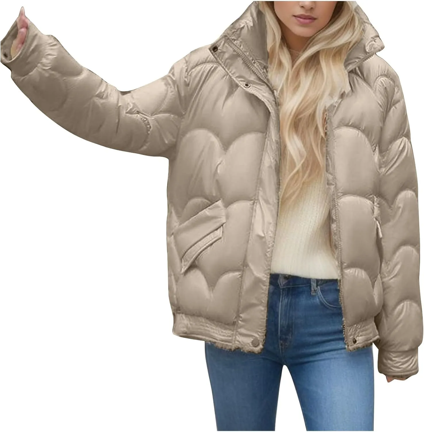 Women's Winter Stand Collar Coat Puffer Jacket Baggy Short Padded Down Coats Long Sleeve Full Zip Quilted Jackets