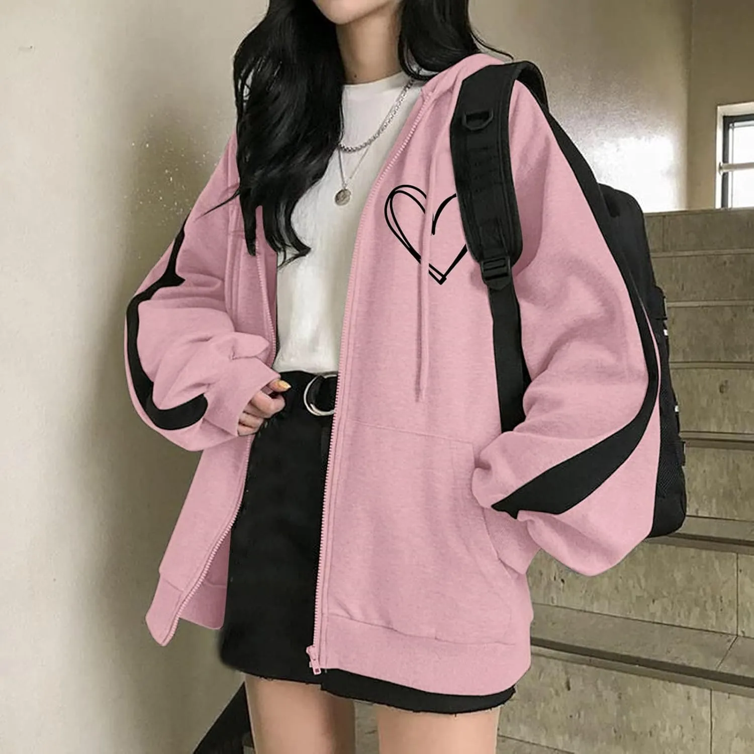 Womens Zip Up Hoodies Coats Casual Fall Sporty Sweatshirts Jacket Oversized Baggy Street String Pullover Sweaters 2023
