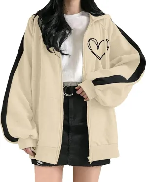 Womens Zip Up Hoodies Coats Casual Fall Sporty Sweatshirts Jacket Oversized Baggy Street String Pullover Sweaters 2023