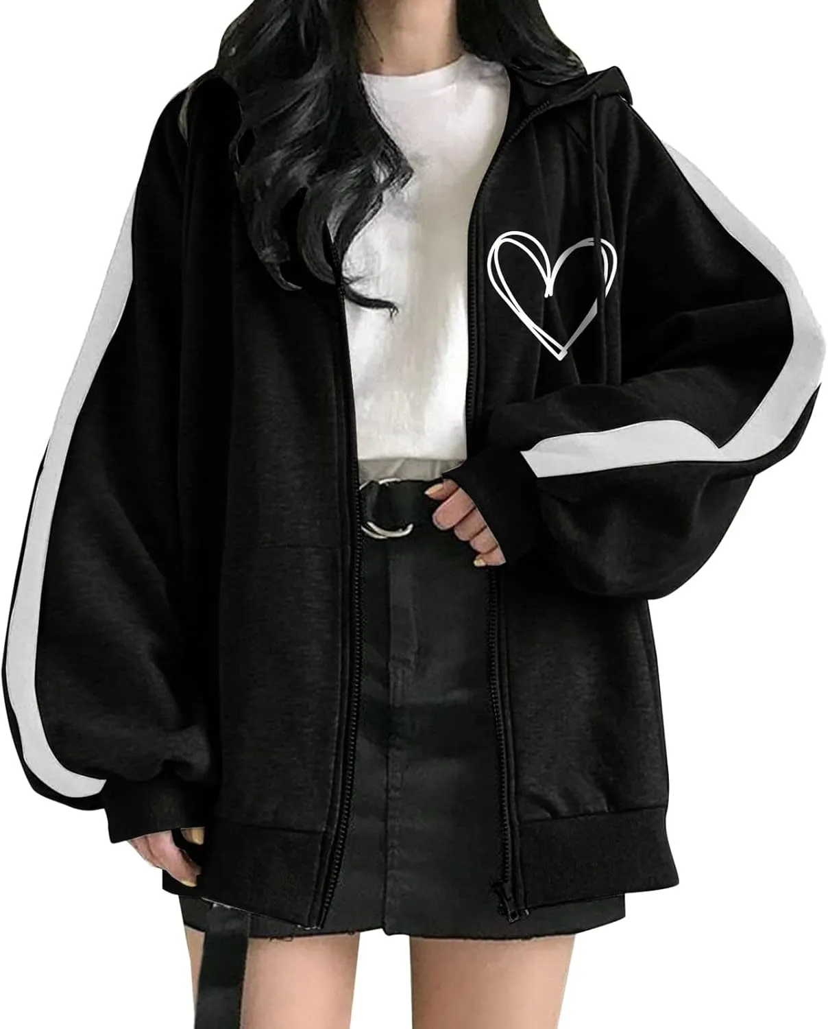 Womens Zip Up Hoodies Coats Casual Fall Sporty Sweatshirts Jacket Oversized Baggy Street String Pullover Sweaters 2023