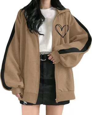 Womens Zip Up Hoodies Coats Casual Fall Sporty Sweatshirts Jacket Oversized Baggy Street String Pullover Sweaters 2023
