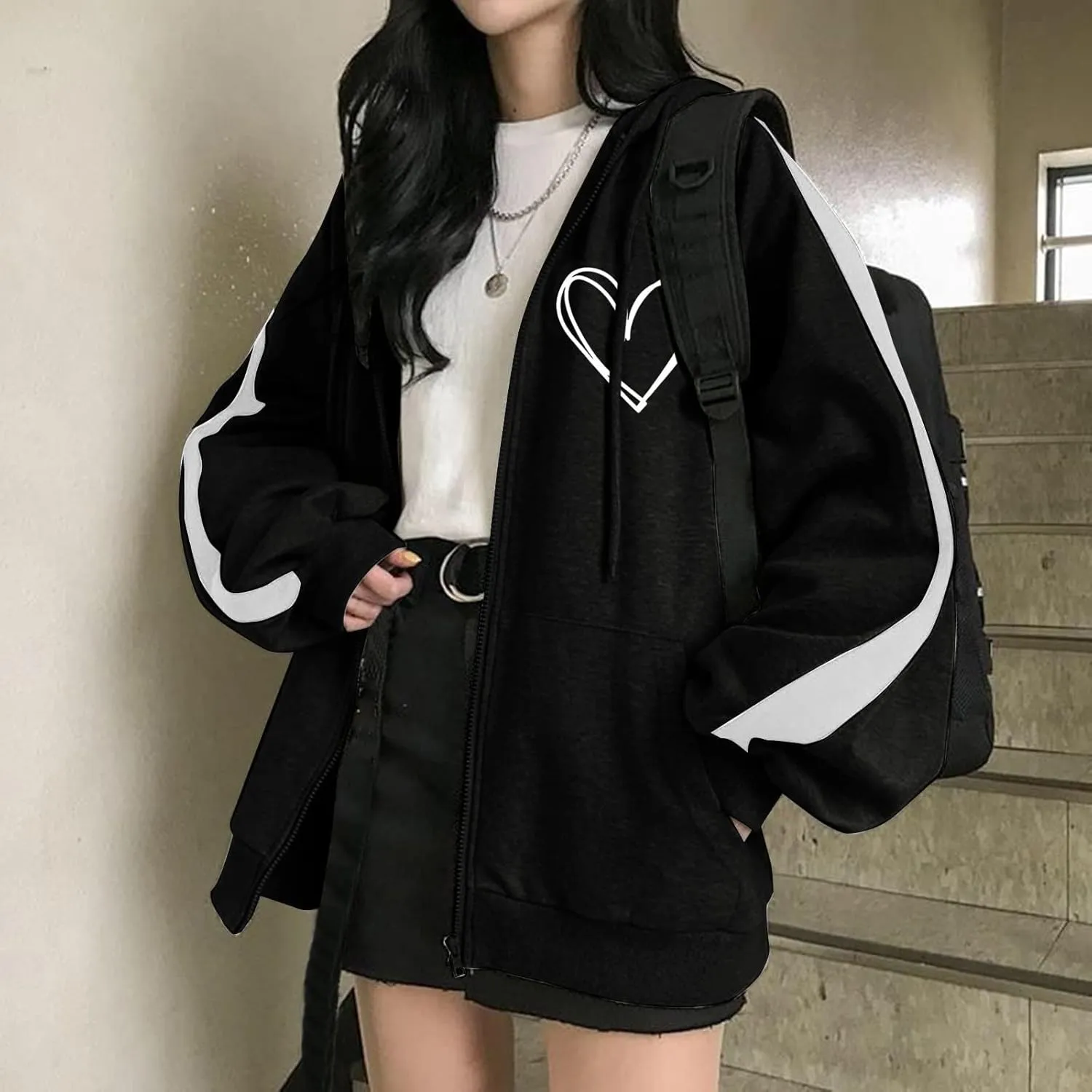 Womens Zip Up Hoodies Coats Casual Fall Sporty Sweatshirts Jacket Oversized Baggy Street String Pullover Sweaters 2023